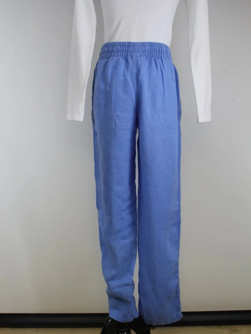 H&M 100% Linen Blue‎ Drawstring Pants Size Small Elastic Waist Wide Leg